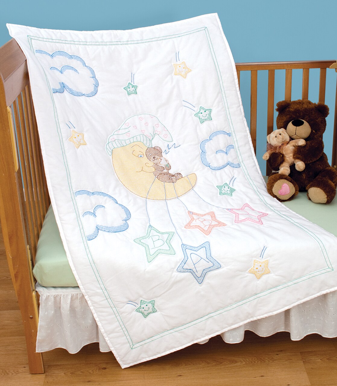 Jack Dempsey Stamped White Quilt Crib Top 40"X60"-Bear On The Moon
